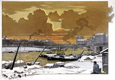 Paris, pramme under sneen ved Pont de Sully, ca. 1905 af Eugene Grasset