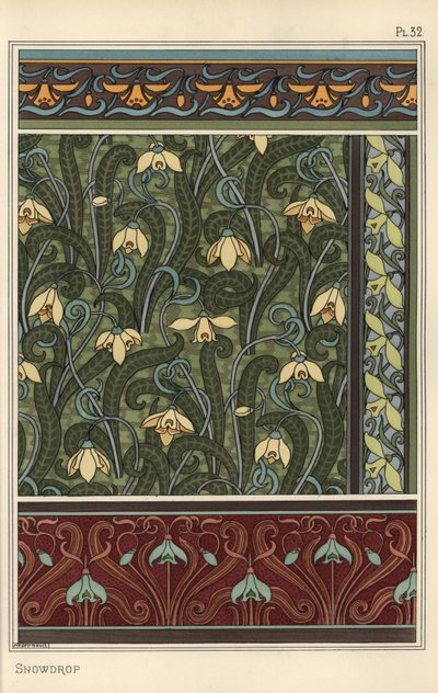 Vintergæk, Galanthus nivalis, som designmotiv i tapet, border og stoffer af Eugene Grasset