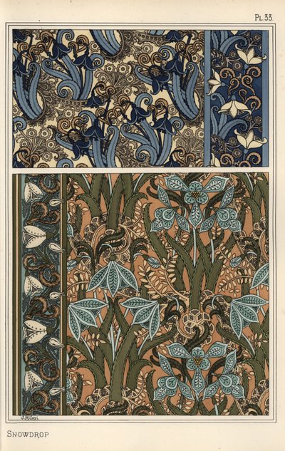 Vintergæk, Galanthus nivalis, som designmotiv i tapet, border og stoffer af Eugene Grasset