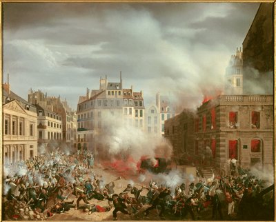 Revolution of 1848: "" Fire of the water tower square of the royal palace on February 24, 1848 ". Painting by Eugene Hagnauerdani af Eugene Hagnauer