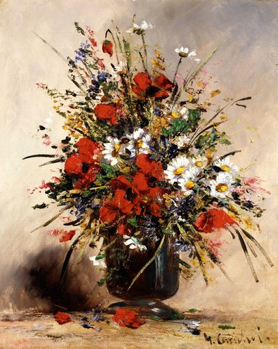 Vilde blomster i en vase. Maleri af Eugene Henri Cauchois (1850-1911, Frankrig) Privat samling af Eugene Henri Cauchois