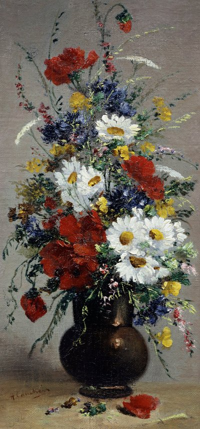 Stilleben med kornblomst, tusindfryd og valmuer. Peinture de Eugene Henri Cauchois (1850-1911 fransk) Collection privee af Eugene Henri Cauchois