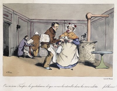 Skov tegneserie stående i en fransk cafe. af Eugene Hippolyte Forest