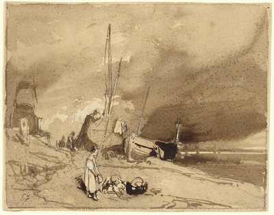 Bord de Plage (fiskerbåde på en strand, stormskyer i det fjerne) af Eugene Isabey