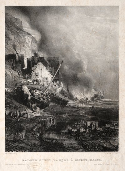 Six Marines: Ombygning af en båd ved lavvande, 1833. af Eugene Isabey
