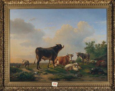En tyr, en ko, et æsel, en ged, får og fjerkræ i et vidtstrakt landskab, 1849 af Eugene Joseph Verboeckhoven