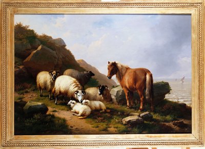 En pony og får på en klippe med et sejlskib bagved, 1868 af Eugene Joseph Verboeckhoven