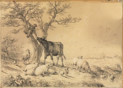 Landskab med dyr og dreng i træ, 1866. af Eugene Joseph Verboeckhoven