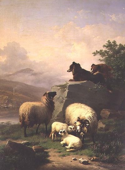 Får og lam med to hunde i et flodlandskab af Eugene Joseph Verboeckhoven