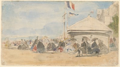 Strandhus med flag ved Trouville, ca. 1865. af Eugene Louis Boudin