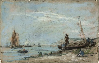 Strand med fiskerbåde (recto); Landskab med landmand, der pløjer en mark (verso) af Eugene Louis Boudin