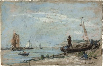 Strand med fiskerbåde og kul af Eugene Louis Boudin