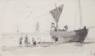 Fiskerbåd på stranden (blyant og wc på papir) af Eugene Louis Boudin
