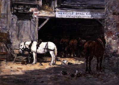 Heste til leje i en gård, ca. 1885-90 (olie på panel) af Eugene Louis Boudin