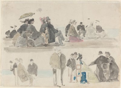 Mine damer og herrer på stranden, i to registre, ca. 1865. af Eugene Louis Boudin