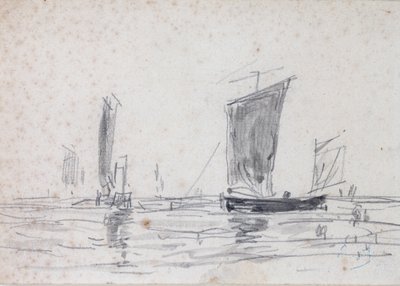 Sejlbåde på havet (vask og grafit på papir) af Eugene Louis Boudin