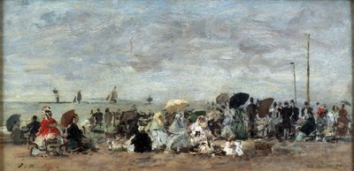 Scene på stranden i Trouville af Eugene Louis Boudin