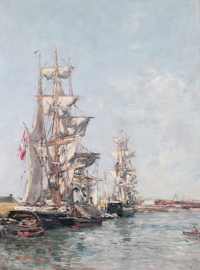 Tremastede både ved kajen i Deauville Havn, ca. 1888-89 af Eugene Louis Boudin