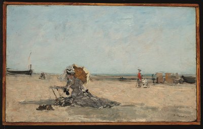 Kvinde med paraply på stranden, ca. 1880-85 (olie på panel) af Eugene Louis Boudin