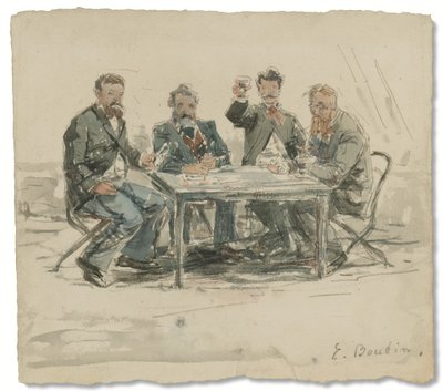 På Saint-Siméon-gården (Jongkind, Émile van Marcke, Claude Monet og "far Achard"), ca. 1867 (akvarel og blyant på papir) af Eugene Louis Boudin
