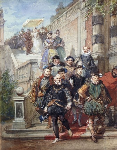 En kongelig procession ned ad en trappe i en have, 1869 af Eugene Louis Lami