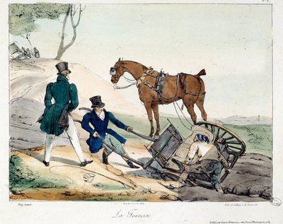 Vognulykke forårsaget af skinnen. Illustration af bogen "La vie de chateau"". Gravering af Eugene Louis Lami (1800-1890) af Eugene Louis Lami
