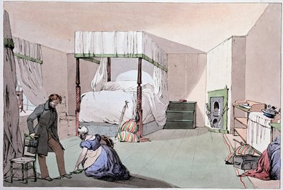 Hostel: en tjener hjælper en kunde med at tage sko på. Illustration af Eugene Louis Lami (1800-1890), midten af det 19. århundrede af Eugene Louis Lami
