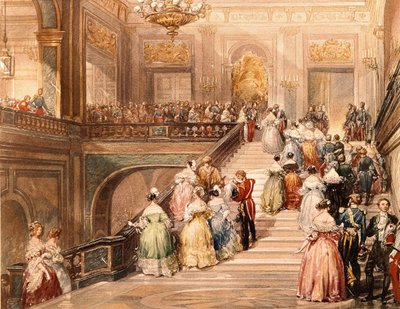 Kong Louis Philippe I (1773 - 1850) og Dronning Marie Amélie de Bourbon (1782 - 1866) modtog gæsterne i anledning af indvielsen af Versailles-museet i 1837. Illustration af Eugène Lami (1800 - 1890). af Eugene Louis Lami