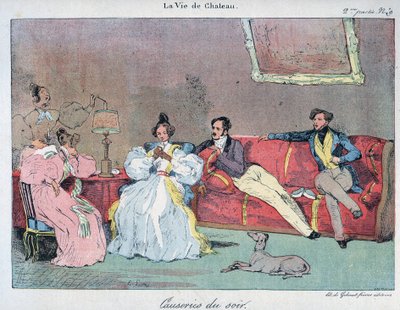 La Vie de chateau - Aftentaler - Illustration af Eugene Lami (1800-1890) I "" LE-RIRE"" fra 1885 af Eugene Louis Lami