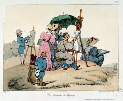 Landskab elskere. Præsenterede malere samles for at male et maritimt landskab. Illustration af bogen la vie de chateau af Eugene Louis Lami