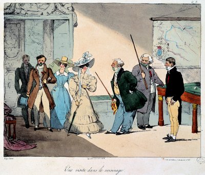 Livet på slottet: et besøg i nabolaget. Litografi af en tegning af Eugene Louis Lami (1800-1890) 1828 Paris, Musee Carnavalet af Eugene Louis Lami