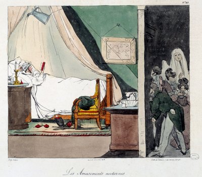 Natsjov. Børn er bange for at skræmme en person, der læser i sengen. Illustration af bogen "La vie de chateau"". Gravering af Eugene Louis Lami (1800-1890) af Eugene Louis Lami