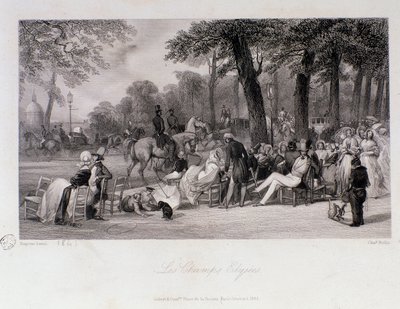 Passagerer og vandrere på Champs Elysees (Champs-Elysees) i Paris. Gravering af Eugene Louis Lami (1800-1890) 1841 Privat samling af Eugene Louis Lami