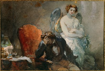 Natten til oktober Illustration af Alfred de Musset (1810-1857) værker. Akvarel af Eugene Louis lami (1800-1890) 1800-tallets søn. 0,1x0,14 m Malmaison, musee du chateau af Eugene Louis Lami