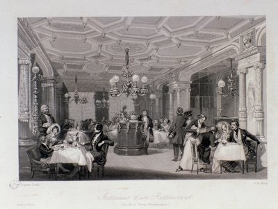 Udsigt over det indre af restauranten "Les trois freres provencaux"" nær Palais Royal i Paris. Gravering af Eugene Louis Lami (1800-1890) 1843 Privat samling af Eugene Louis Lami