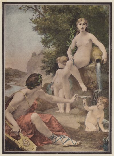 Digteren og springvandet (farve litho) af Eugene Romain Thirion