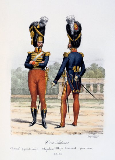 Cent-Suisses, korporal heldragt, Adjudant-Major Løjtnant klæder sig af, 1814-17 af Eugene Titeux