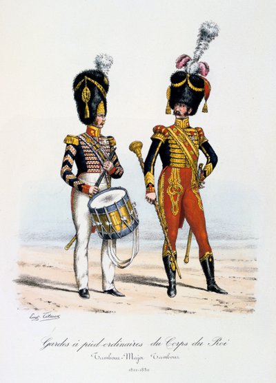 Ordinære fodvagter af kongens korps, trommemajor og trommeslager, 1822-30 af Eugene Titeux