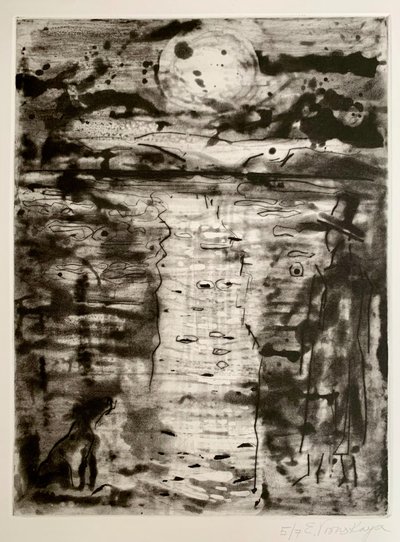 Moon gazing, 2023 (ætsning, dry point, spit bite) af Eugenie Vronskaya