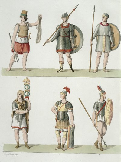 Romerske soldater, detalje fra plade 2, klasse 5 i del I af Nationernes historie, indgraveret af Buttazon aquatint se også 93289 af Eugenio Bosa