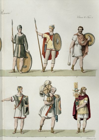 Romerske soldater, detalje fra plade 2, klasse 5 i del I af Nationernes historie, indgraveret af Buttazon (akvatint) (se også 93288) af Eugenio Bosa