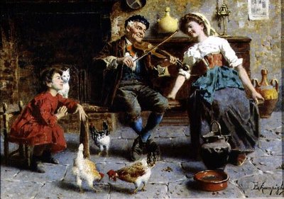 Old Man Playing the Fiddle (olie på linned) af Eugenio Zampighi