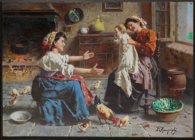 To kvinders møde og en baby (olie på lærred) af Eugenio Zampighi