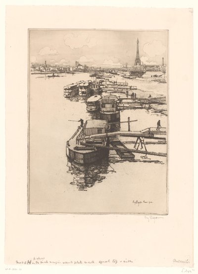 Kaj med omnibusbåde i Paris med Eiffeltårnet i baggrunden af Eugène Bejot (signed by artist)