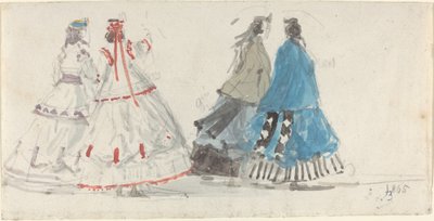 Fire damer i Crinolines går i Trouville af Eugène Boudin