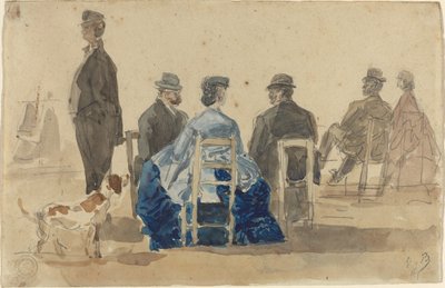 Mine damer og herrer sidder på stranden med en hund af Eugène Boudin