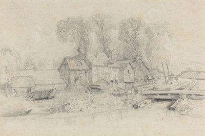 Flodlandskab med bygninger, både og figurer af Eugène Boudin