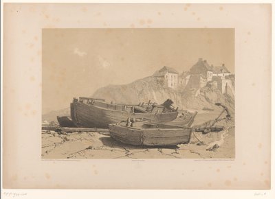 Klippekyst med både og fiskerby af Eugène Cicéri (attributed to)