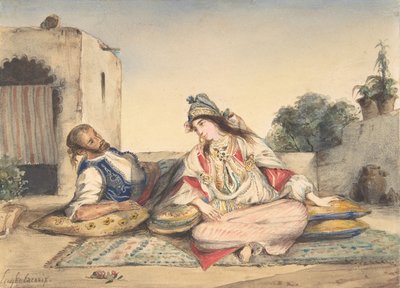 Et marokkansk par på deres terrasse, 1832. af Eugène Delacroix