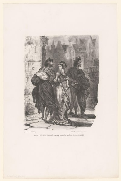 Faust prøvet Grietje te verleiden Faust: Min smukke unge dame, ville jeg vove at tilbyde dig min arm og køre dig hjem? (titel på objekt) Faust (serietitel) Faust, tragedie af M. de Goethe (serietitel) af Eugène Delacroix
